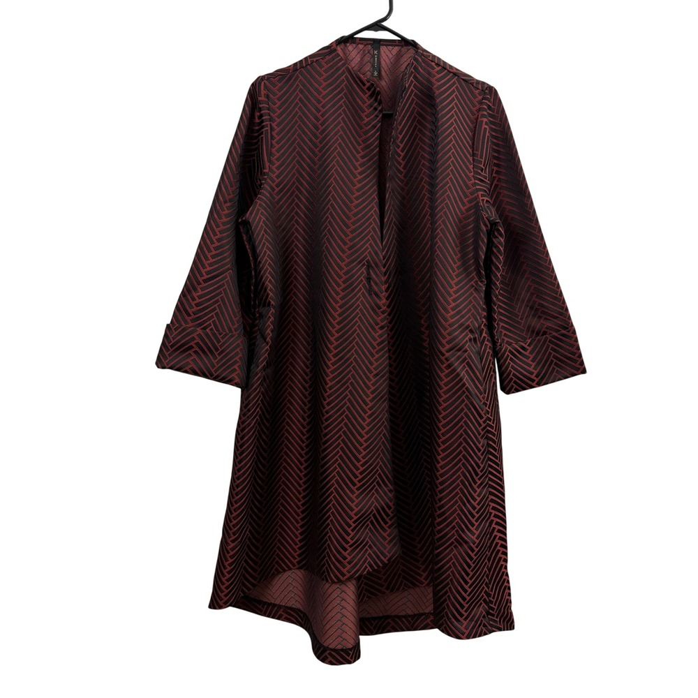 IC By Connie K Jacket Womens Large Red Black Herringbone Print High Low Hem